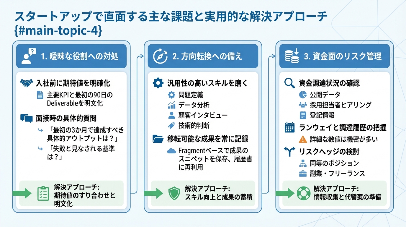 スタートアップで直面する主な課題と実用的な解決アプローチの図解