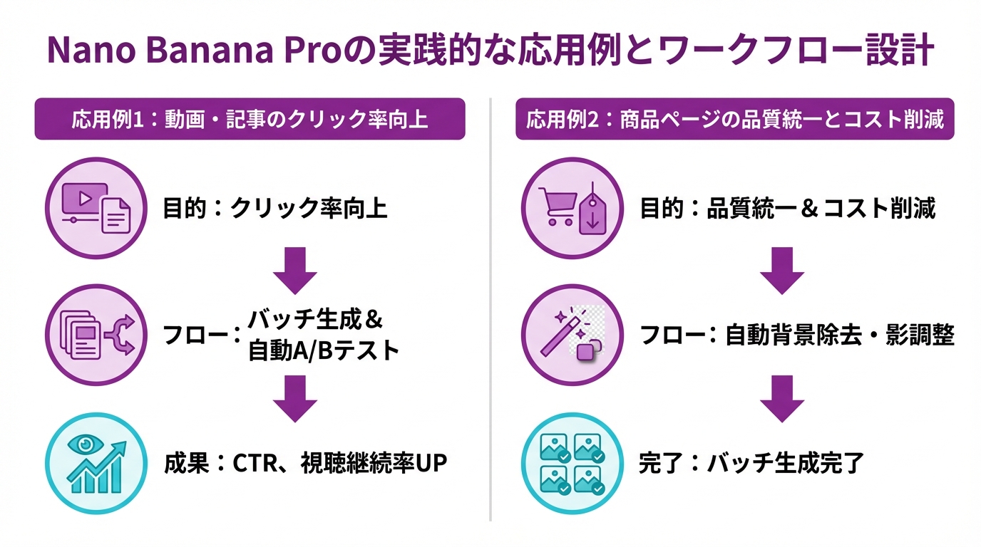 Nano Banana Proの実践的な応用例とワークフロー設計の図解